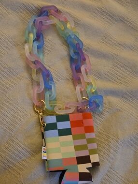 Rainbow Pastel Chain Can Cooler with Multicolor Grid Print